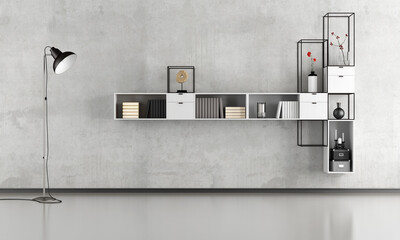 Wall Mural - Black and white minimalist lounge with modern bookcase on concrete wall - 3d rendering