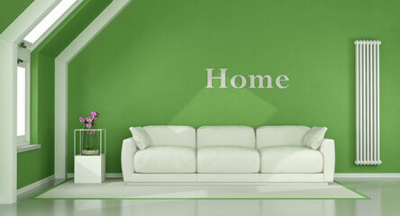 Wall Mural - Green living room in the attic with white sofa and vertical heater - 3d rendering