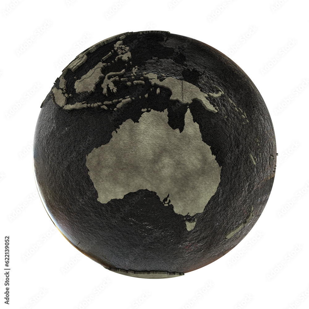 Australia on 3D model of planet Earth with black oily oceans and ...