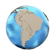 South America On 3D Model Of Blue Earth With Embossed Countries And Blue Ocean. 3D Illustration Isolated On White Background.