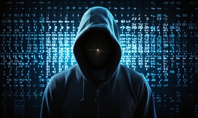 Wall Mural - hacker in front of a data code background