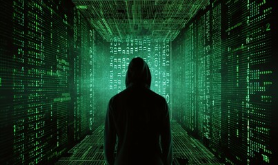 Wall Mural - hacker sillhuette in front of a data code background