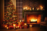 Fototapeta Nowy Jork - Enchanting Yuletide Interior Christmas with Magic Glowing Tree, Fireplace, and Gifts in the Dark, created with Generative AI