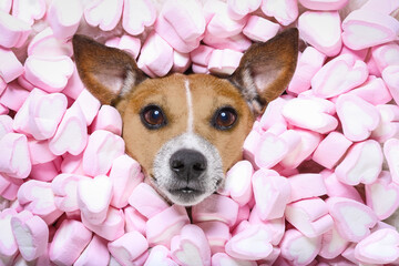 Sticker - Jack russell  dog looking and staring at you   ,while lying on bed full of marshmallows as background  , in love