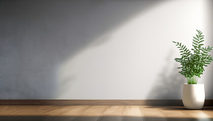 Light gray wall and and a wooden floor with a potted plant with interesting light glare. Empty background interior for the presentation.