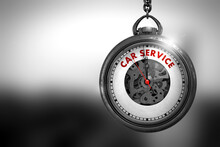 Watch With Car Service Text On The Face. Business Concept: Car Service On Pocket Watch Face With Close View Of Watch Mechanism. Vintage Effect. 3D Rendering.