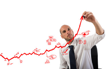 Wall Mural - Businessman draw graphics on an arrow uphill