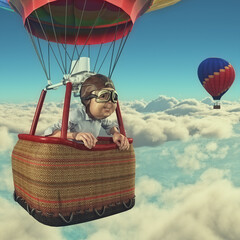 Poster - Man flies overclouds with hot air balloon.  This is a 3d render illustration