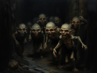 Canvas Print - A Painting of a Group of Goblins in a Cavern Generative AI