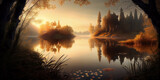 Fototapeta Krajobraz - A small beautiful forest secluded wild lake in the rays of the rising or setting sun. Generative AI