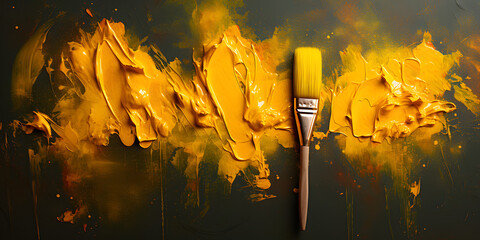 Wall Mural - set of brushes, brushes with yellow paint, brush white yellow, wall art design brush silver yellow