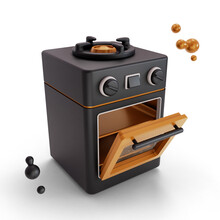 3d Rendering Of A Modern Gas Stove. Stove With Open Oven. Kitchen Utensils Or Tools For Cooking Food. 3D Illustration