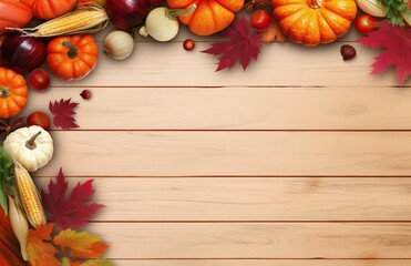Wall Mural - light wooden background with autumn harvest and leaves
