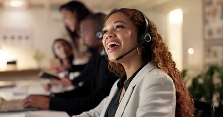 Aufkleber - Call center, woman and customer service for happy sales contact, telecom support and working late at computer. Female telemarketing agent, communication and CRM advisory at help desk in busy office