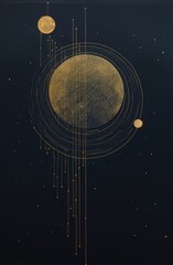 Wall Mural - navy blue abstract art solar system. gold geometric circles and lines. minimalist design background.