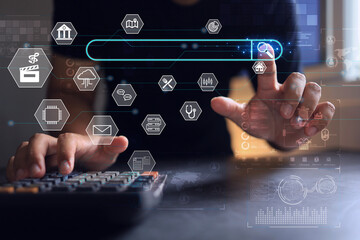 Business person with calculator pointing on the magnify icon to search on the internet with copy space in search bar for designer text. digital marketing concept.