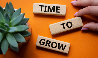 Time to Grow symbol. Concept word Time to Grow on wooden blocks. Businessman hand. Beautiful orange background. Business and Time to Grow concept. Copy space