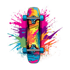 a skateboard with colorful paint splatters on it in graffiti style. colorful vector illustration for