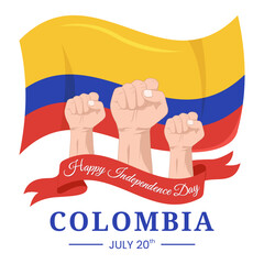 Wall Mural - Vector graphic of Colombia Independence Day artwork for greeting card with clenched fist and ribbon