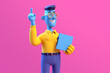 © alisaaa - 3d Cartoon character guy with blue skin wears pink shirt isolated on yellow background, Holds purple clipboard and shows index finger up, Business idea or recommendation concept