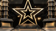 © witsanu - Award ceremony background with gold star frame and black podium with ball elements floating around with golden light effect and bokeh decoration. Elegant style scene design.