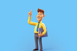 © alisaaa - 3d Cartoon character young caucasian man isolated on blue background, Smart guy wears yellow shirt, blue tie, holds clipboard, looks at camera with index finger up, Recommendation concept