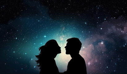 ai generated Illustration Milky Way with silhouette of couple.