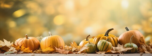 Wall Mural - pumpkins with autumn leaves background
