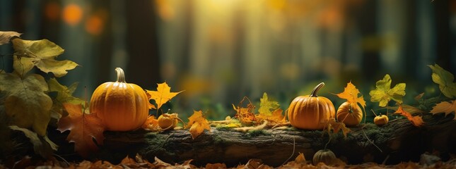 Wall Mural - pumpkins with autumn leaves background