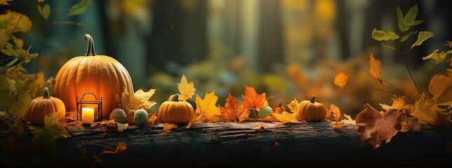 Wall Mural - pumpkins with autumn leaves background