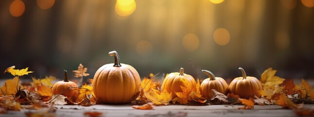 Wall Mural - pumpkins with autumn leaves background