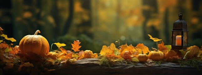 Wall Mural - pumpkins with autumn leaves background
