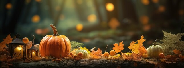 Wall Mural - pumpkins with autumn leaves background