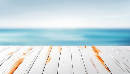 Wall Mural - white orange wood table top with blurred ocean background with copy space