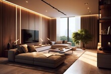Sleek Living Room Sanctuary With Designer Furniture, High Ceilings, And Elegant Decorative Accents..