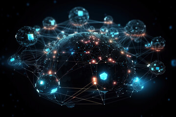 Abstract spherical futuristic cpu or data center with connecting dots and glowing lines, Big data analytics, created with Generative AI