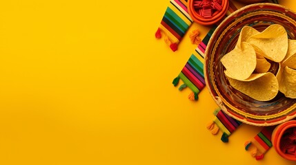 Cinco-de-mayo celebration concept. Top view photo of nacho chips salsa sauce chilli tequila with salt lime sombrero hats colorful serape and maracas on isolated bright yellow background generative ai