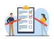 © YummyBuum - Man and woman hold pens and write down goals to achieve or make to do list. Tiny people with huge checklist, red pencil and clipboard paper. Cartoon flat style isolated png concept