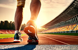 Fototapeta Zachód słońca - Athlete runner feet running on stadium treadmill  back side close-up on shoe view. Image created with Generative AI technology