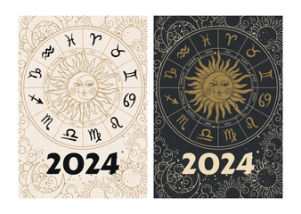 Wall Mural - 2024 astrology cover for diary, calendar. Sun and moon with face, zodiac wheel with 12 horoscope symbols. Mystical vector print.