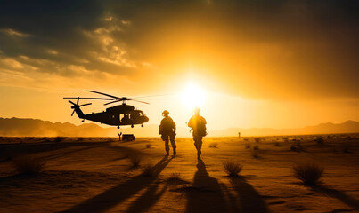 Two soldiers heading to the helicopter. Military men in the desert at backdrop. Generative AI.