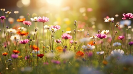 Colorful flower meadow with sunbeams and bokeh lights in summer - nature background banner with copy space - summer greeting card wildflowers spring concept.