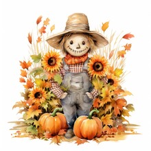 Cheerful Cute Scarecrow Surounded By Sunflowers And Pumpkins - Illustration Created Using Generative AI Tools