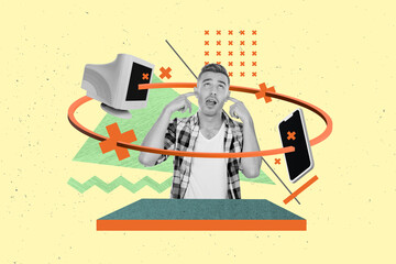 Composite illustration collage of young man ignore fingers ears bla blah stupid computer phone no connection isolated on green background