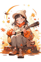 Beginning of autumn solar terms, golden autumn season girl playing guitar illustration