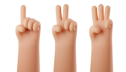 Hands show fingers, counting from one to three isolated on white background. 3D cartoon set of counting hands. Hands gesture numbers. 3d render illustration