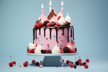high birthday cake in pastel colors. generative ai
