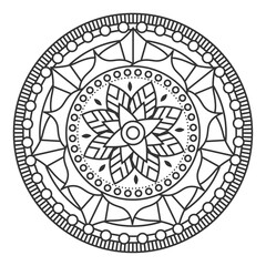  Monochrome mandala ornament outline pattern. Indian geometric art graphic for meditation. 