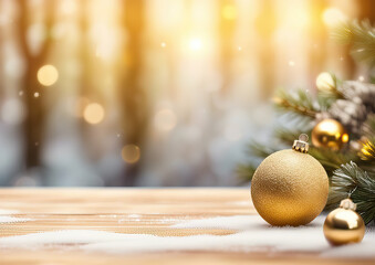 Wall Mural - Christmas background with wood table gold ornaments and blurred winter forest in the background