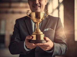 close-up human hand holding golden trophy on. created with generative ai technology.